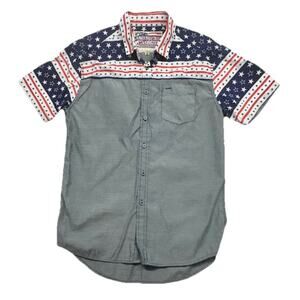 AMERICAN GARAGE Mens Medium Button Up Shirt Short Sleeve Patriotic Cotton 100%